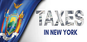 NY state flag and the word TAXES made out of money