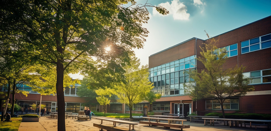 Sunny day outside school building with trees and picnic tables