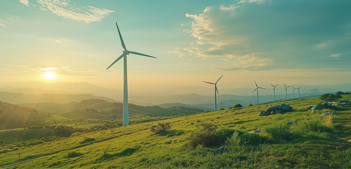 Windmills on a hill with mountains